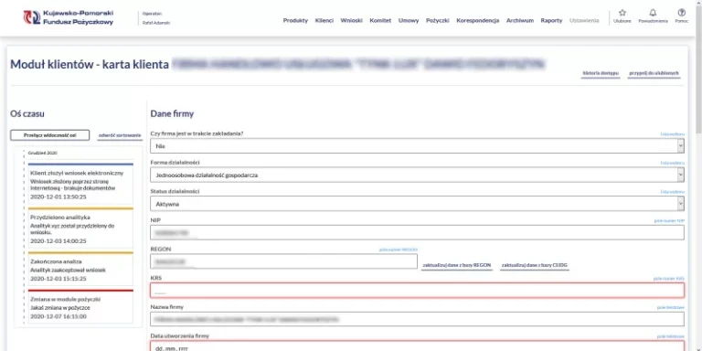 System dla firmy pożyczkowej – ekran aplikacji